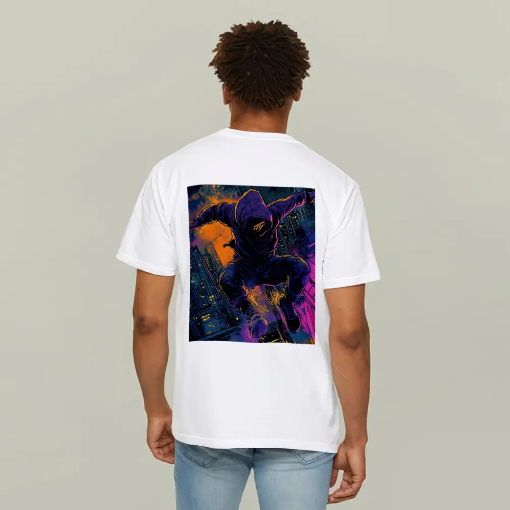 Hooded Figure Leaping Over Neon City – T-Shirts