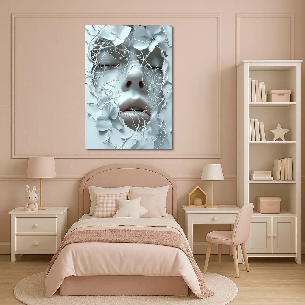 White Face Sculpture Floral Branches Abstract Art – Wall Art