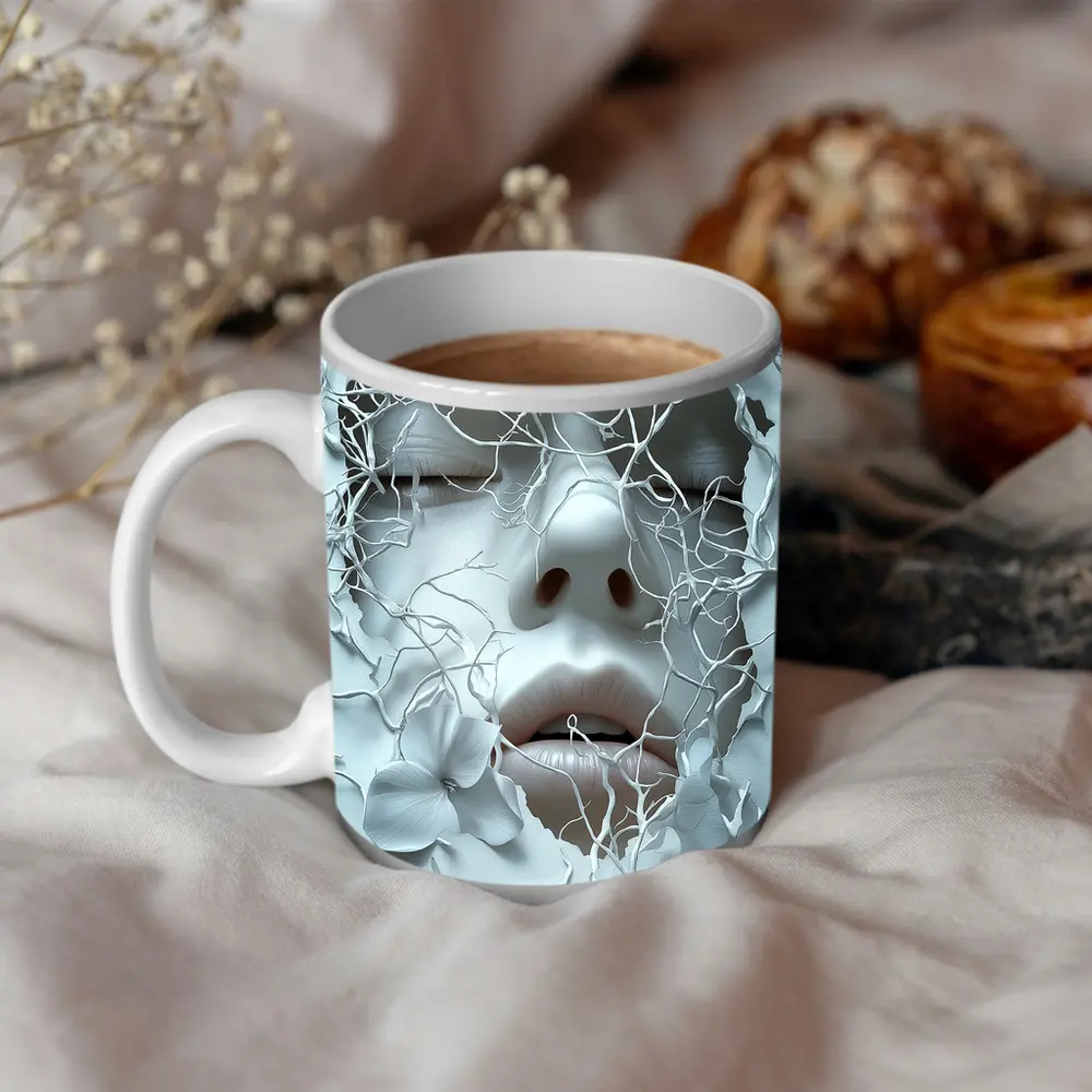White Face Sculpture Floral Branches Abstract Art – Mugs