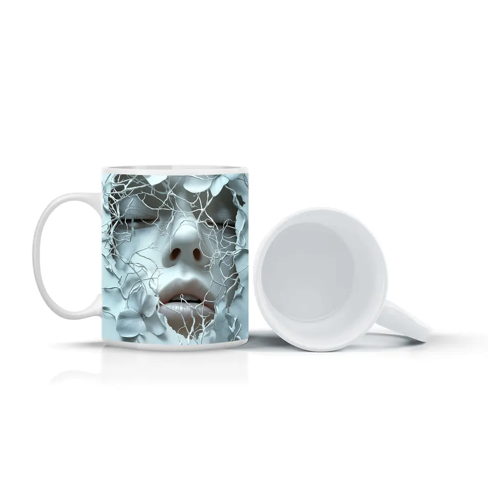 White Face Sculpture Floral Branches Abstract Art – Mugs