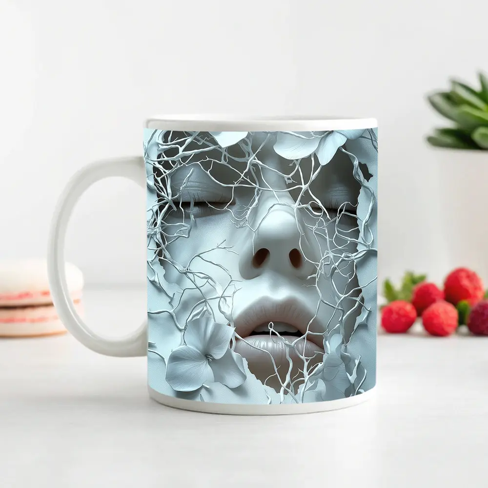 White Face Sculpture Floral Branches Abstract Art – Mugs