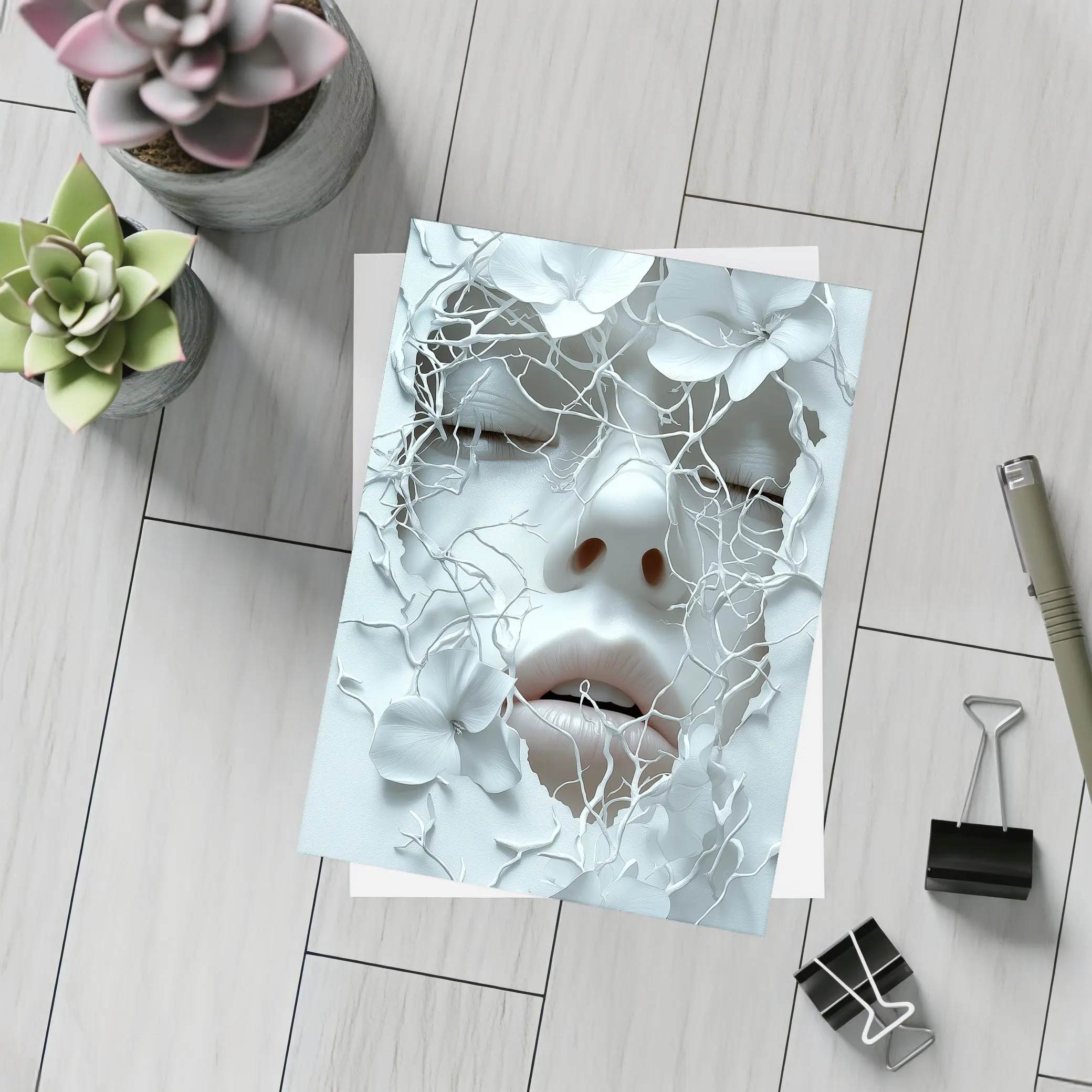 White Face Sculpture Floral Branches Abstract Art – Postcards