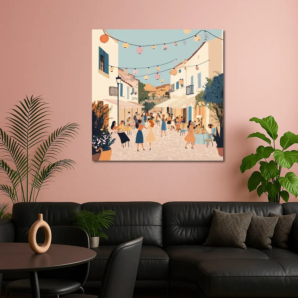 Mediterranean Village Street Festival Illustration Art – Wall Art