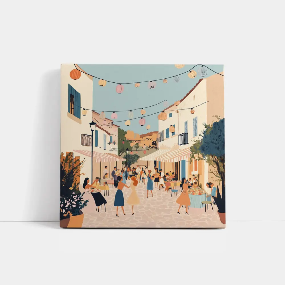 Mediterranean Village Street Festival Illustration Art – Wall Art