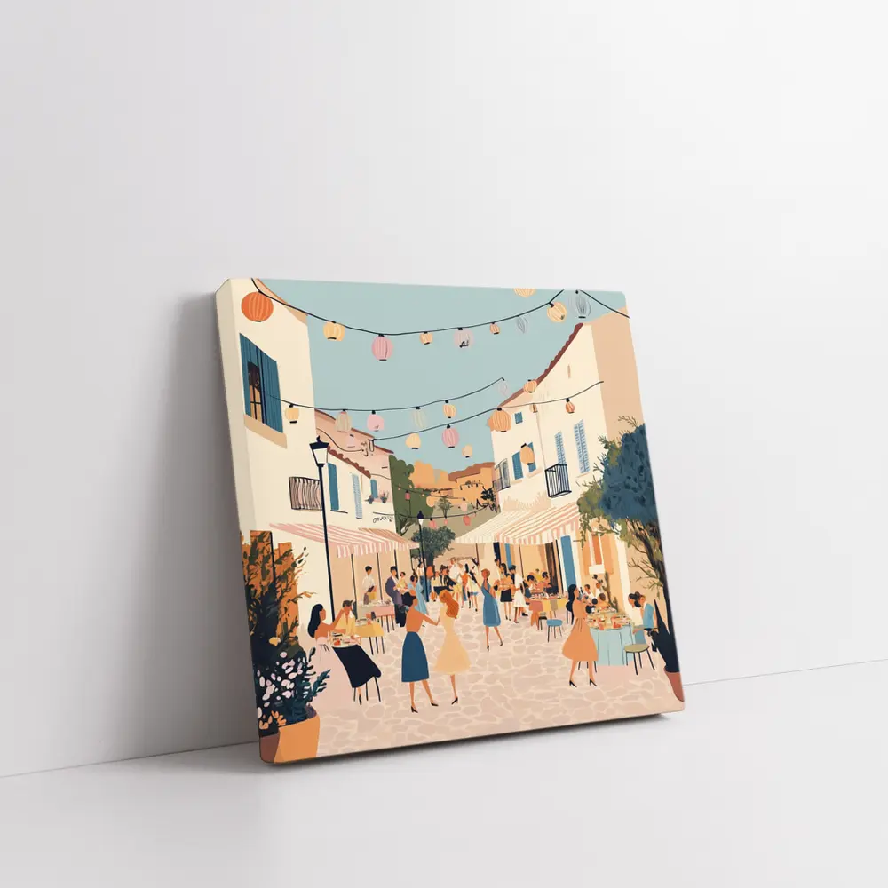 Mediterranean Village Street Festival Illustration Art – Wall Art