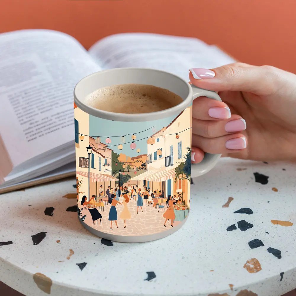 Mediterranean Village Street Festival Illustration Art – Mugs
