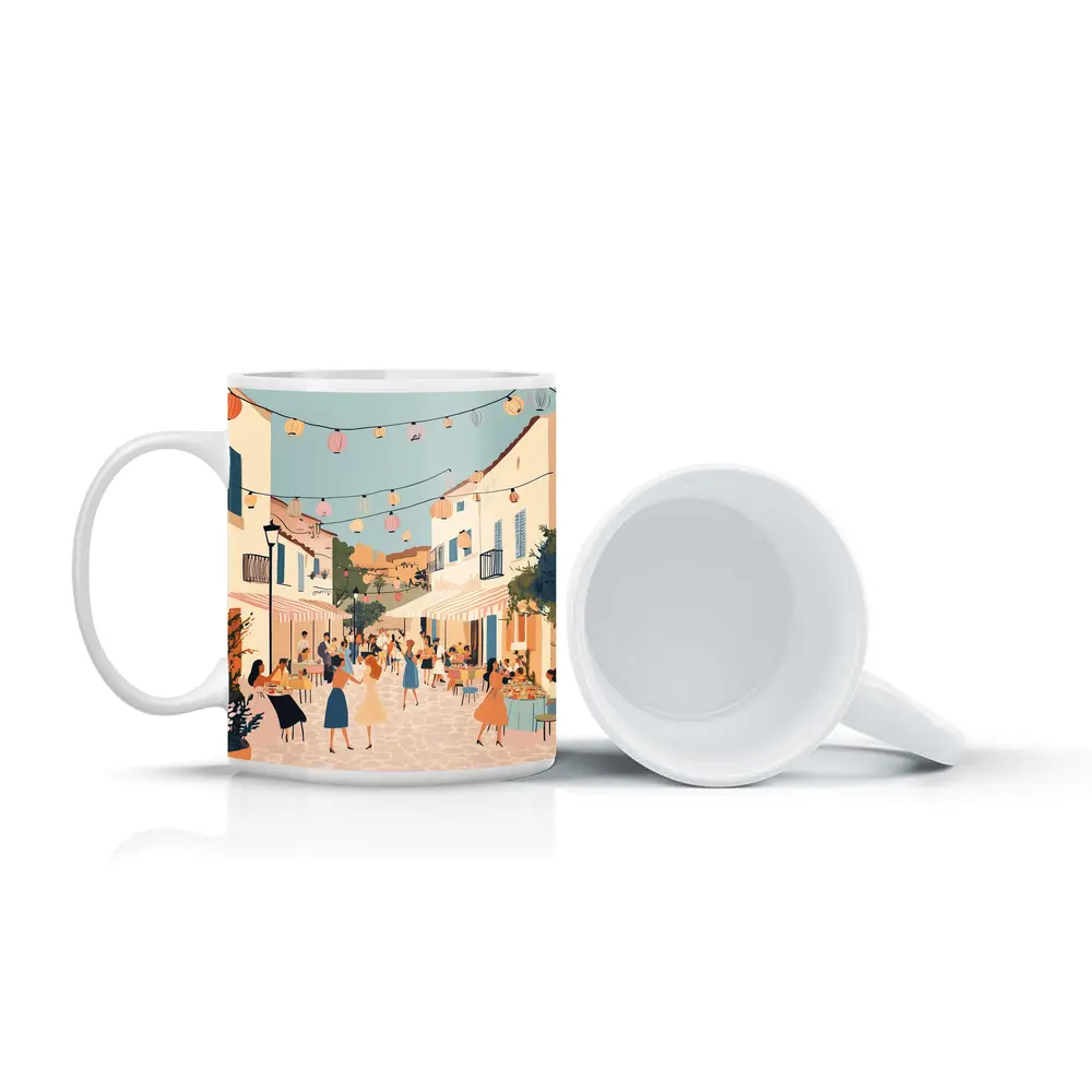 Mediterranean Village Street Festival Illustration Art – Mugs