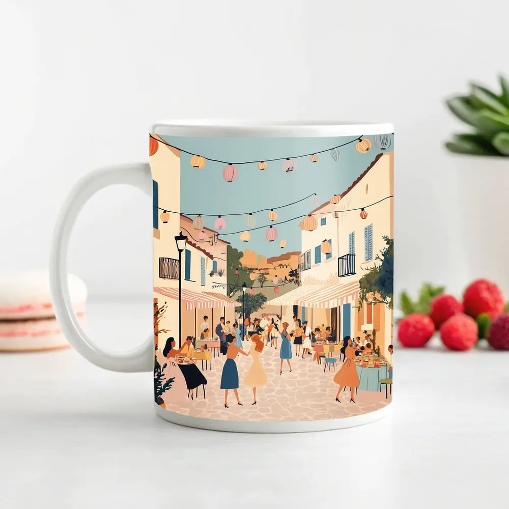 Mediterranean Village Street Festival Illustration Art – Mugs