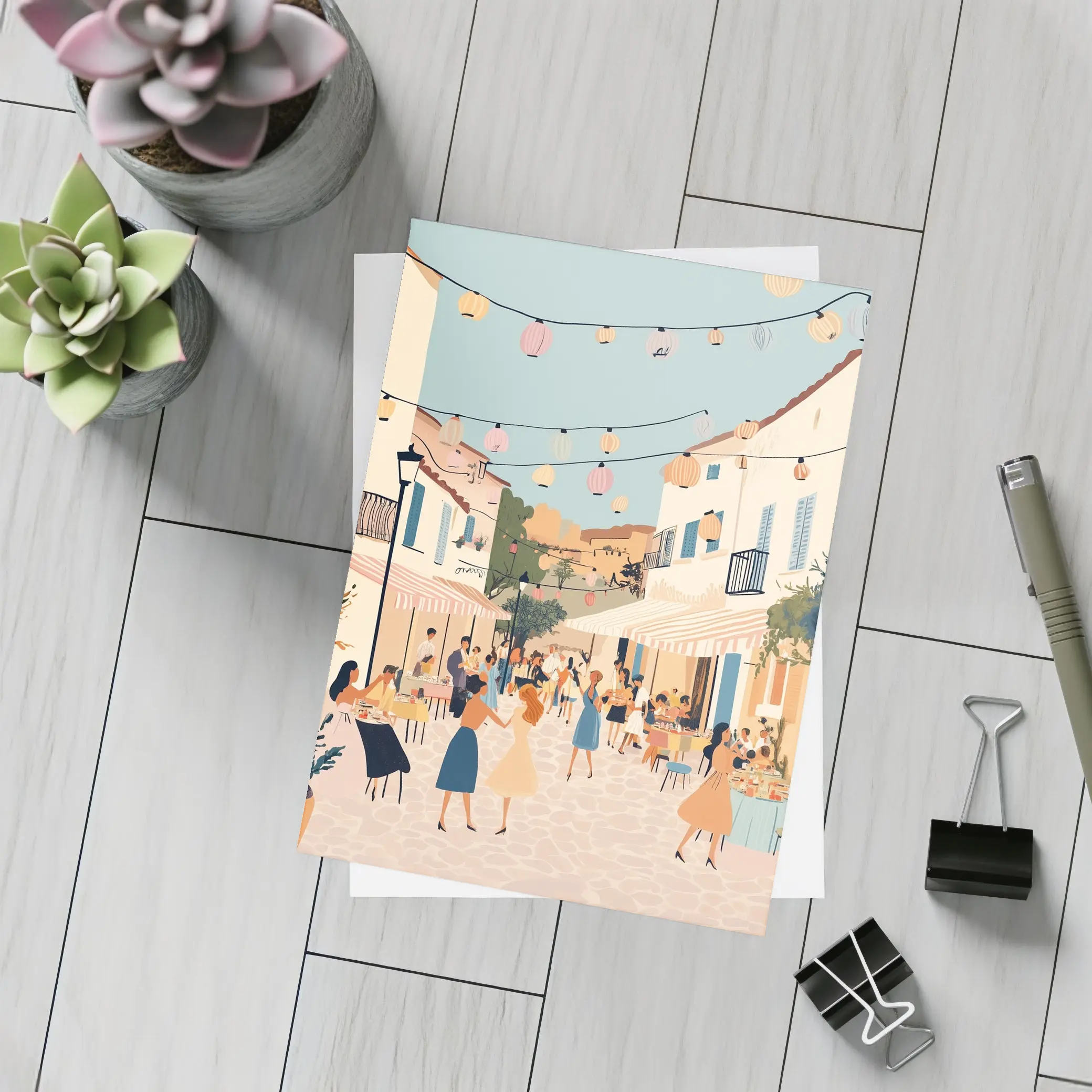 Mediterranean Village Street Festival Illustration Art – Postcards