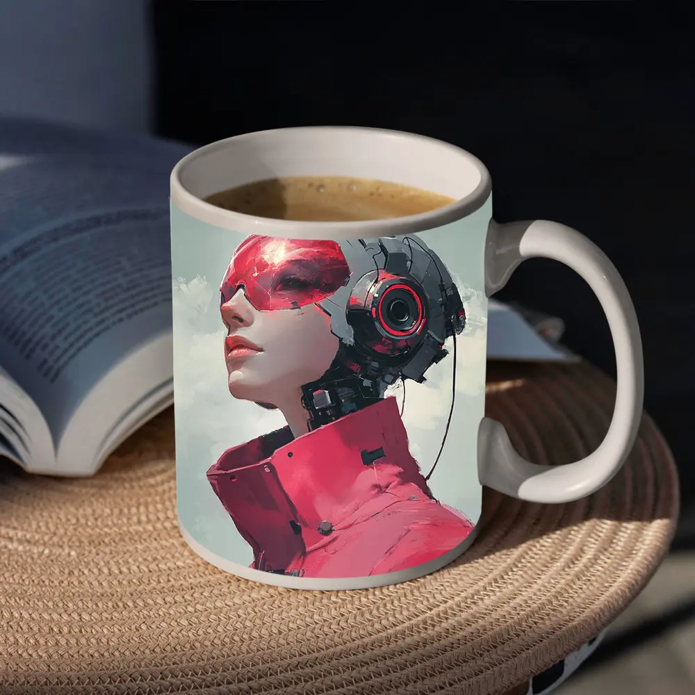 Cyberpunk Female Android Red Helmet Art – Mugs