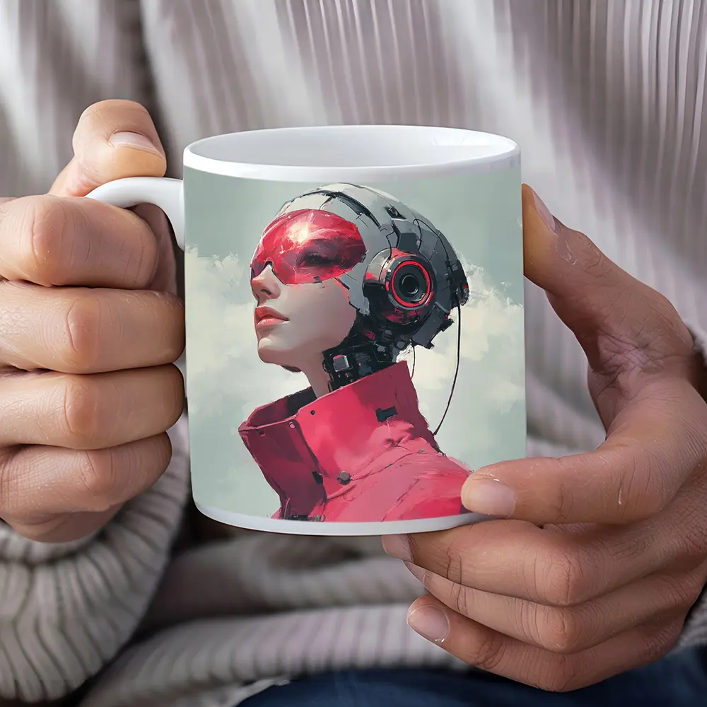 Cyberpunk Female Android Red Helmet Art – Mugs