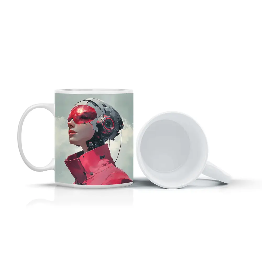 Cyberpunk Female Android Red Helmet Art – Mugs