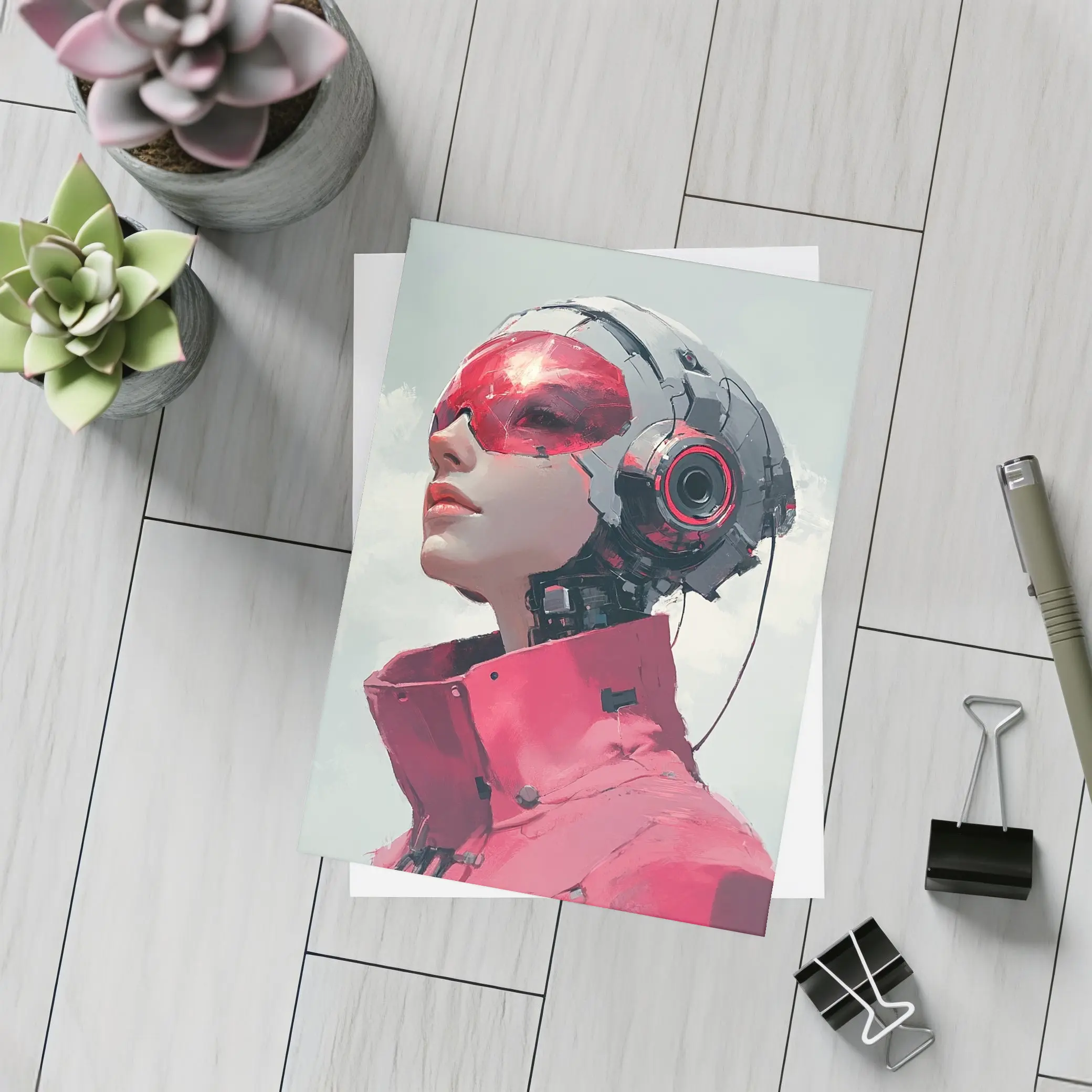 Cyberpunk Female Android Red Helmet Art – Postcards