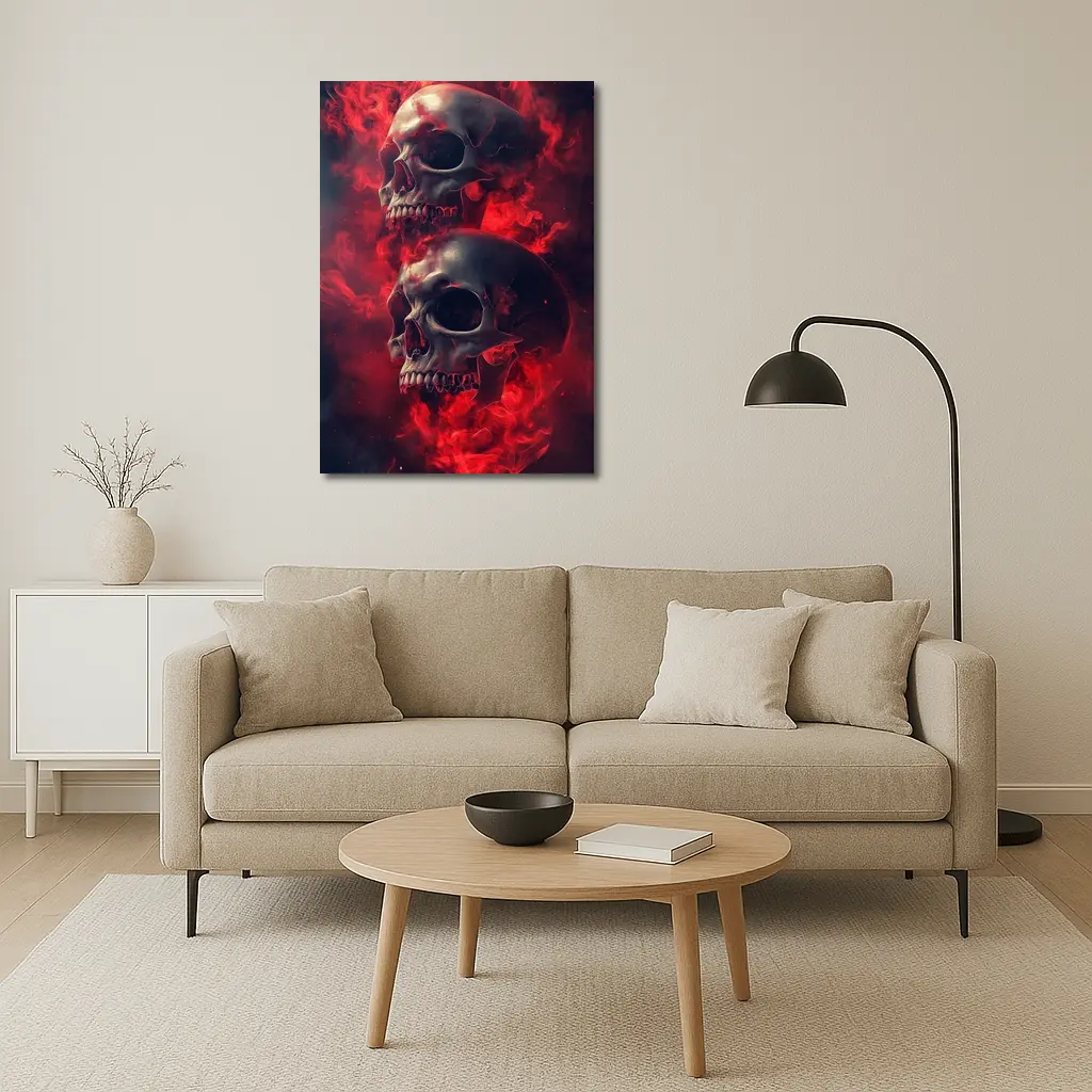 Two Skulls Engulfed In Red Flames – Wall Art