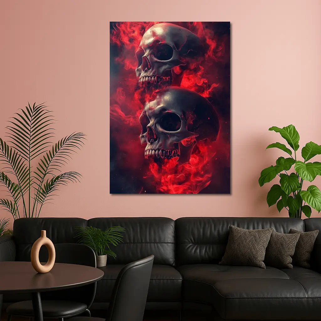 Two Skulls Engulfed In Red Flames – Wall Art