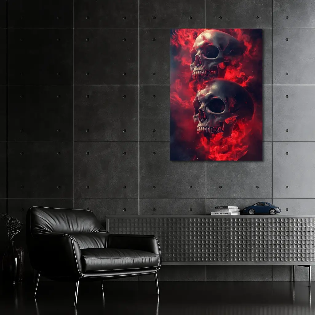 Two Skulls Engulfed In Red Flames – Wall Art