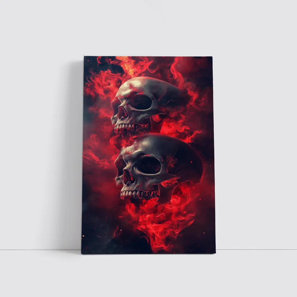 Two Skulls Engulfed In Red Flames – Wall Art