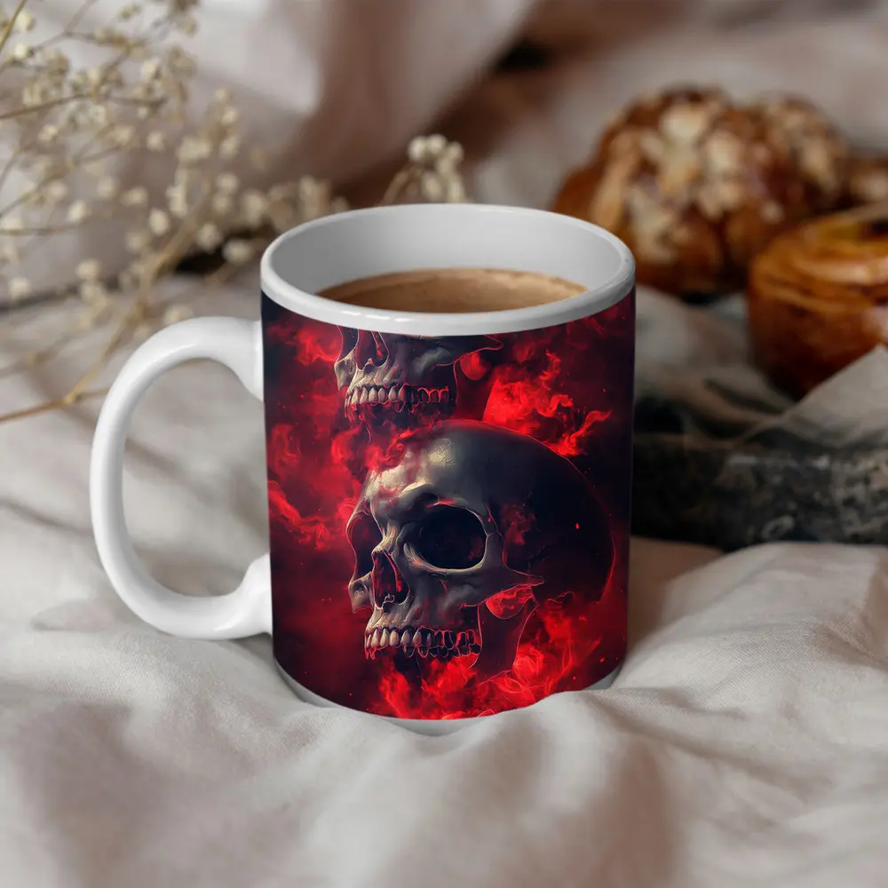Two Skulls Engulfed In Red Flames – Mugs