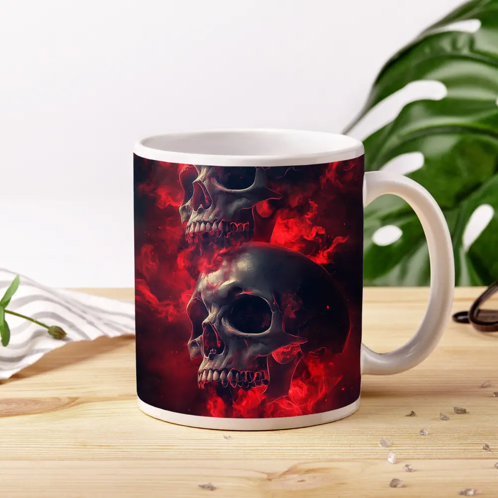 Two Skulls Engulfed In Red Flames – Mugs