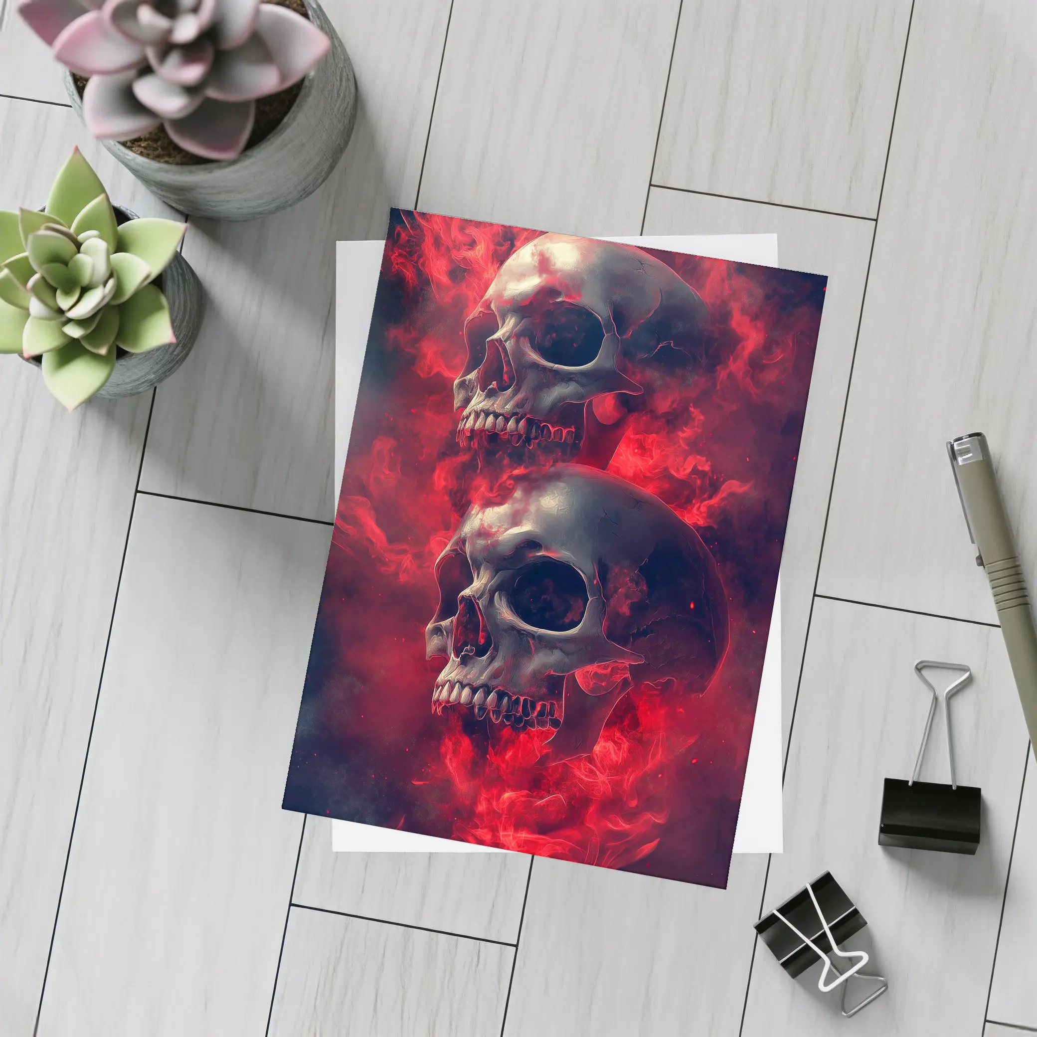 Two Skulls Engulfed In Red Flames – Postcards