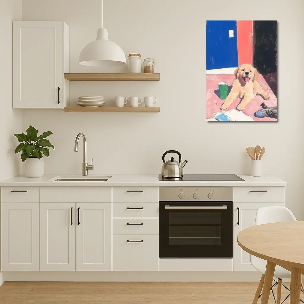 Golden Retriever Puppy Playful Colorful Room Illustration – Wall Art