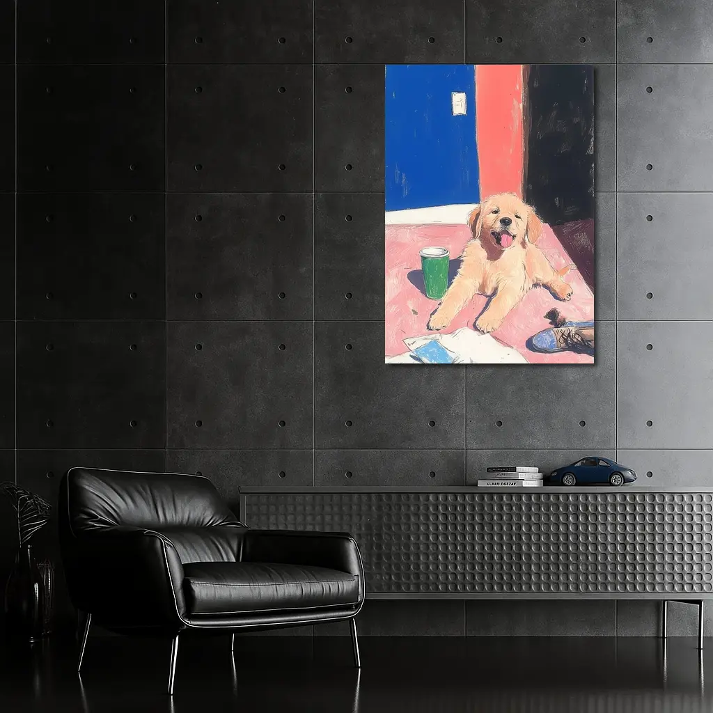 Golden Retriever Puppy Playful Colorful Room Illustration – Wall Art