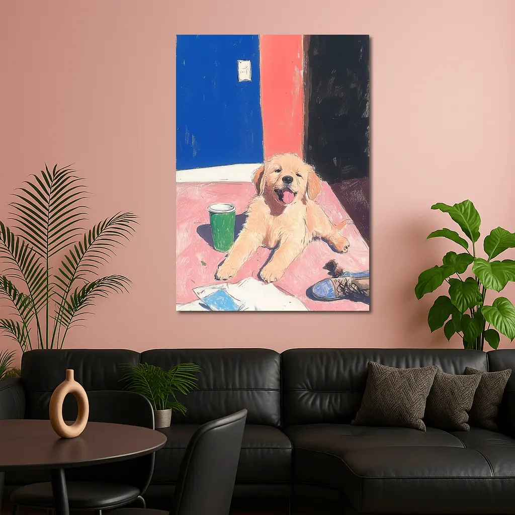 Golden Retriever Puppy Playful Colorful Room Illustration – Wall Art