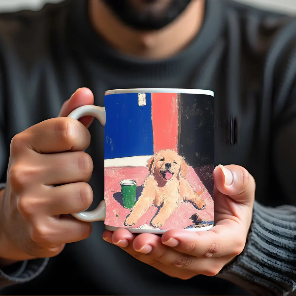 Golden Retriever Puppy Playful Colorful Room Illustration – Mugs