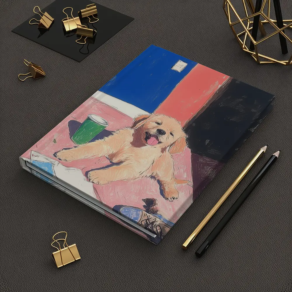 Golden Retriever Puppy Playful Colorful Room Illustration – Notebooks