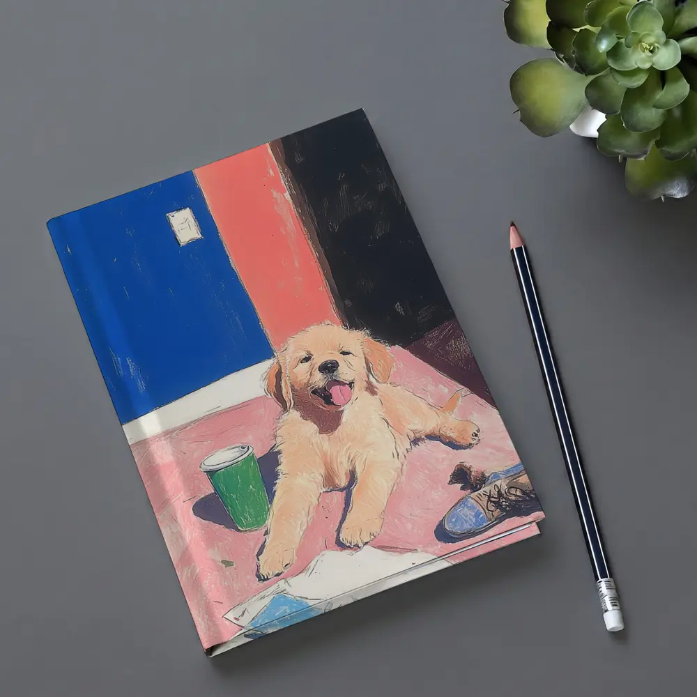 Golden Retriever Puppy Playful Colorful Room Illustration – Notebooks
