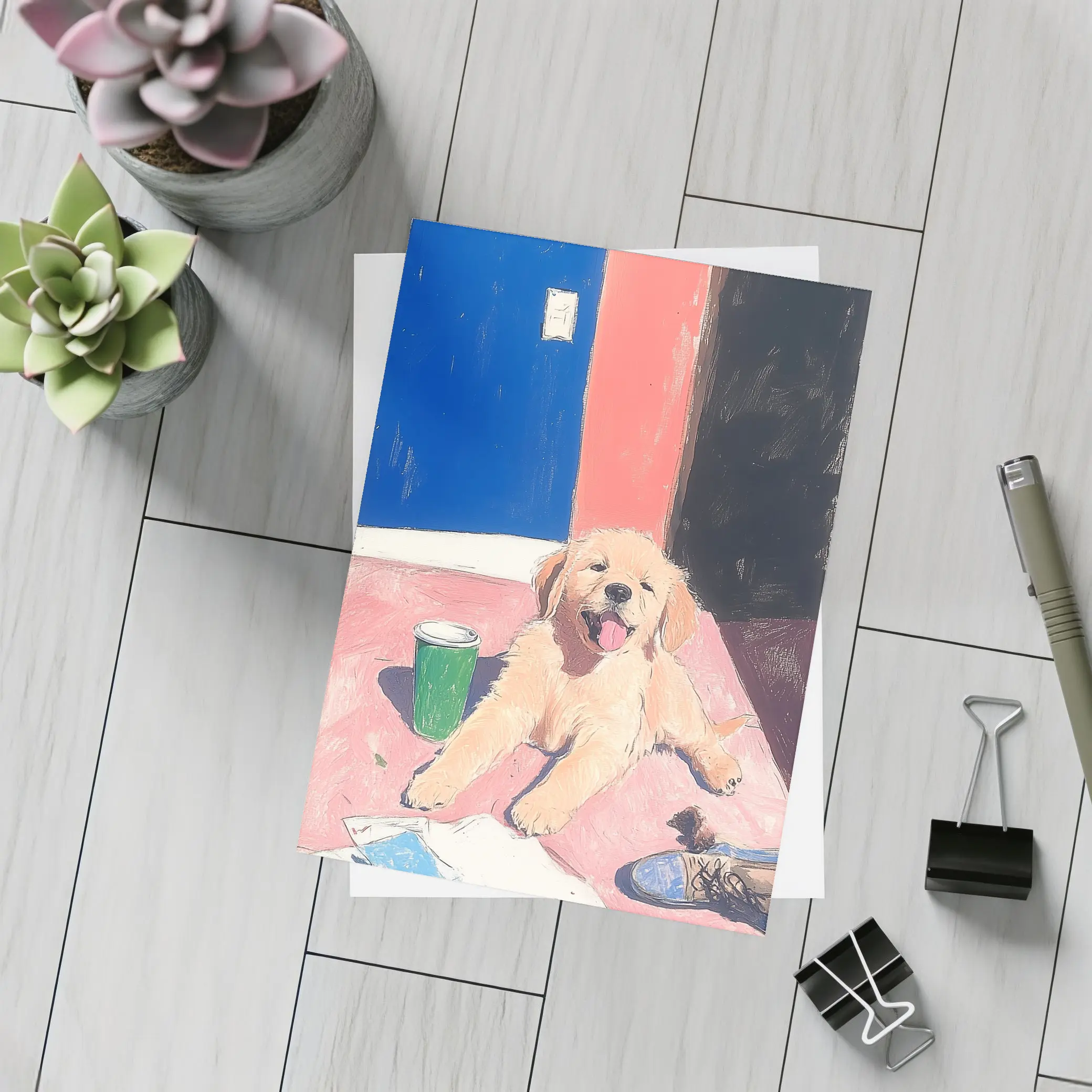 Golden Retriever Puppy Playful Colorful Room Illustration – Postcards
