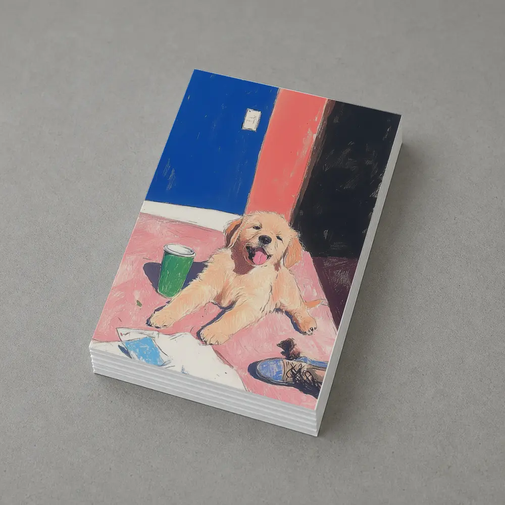 Golden Retriever Puppy Playful Colorful Room Illustration – Postcards