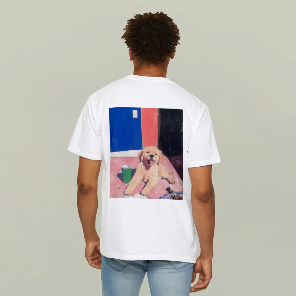 Golden Retriever Puppy Playful Colorful Room Illustration – T-Shirts