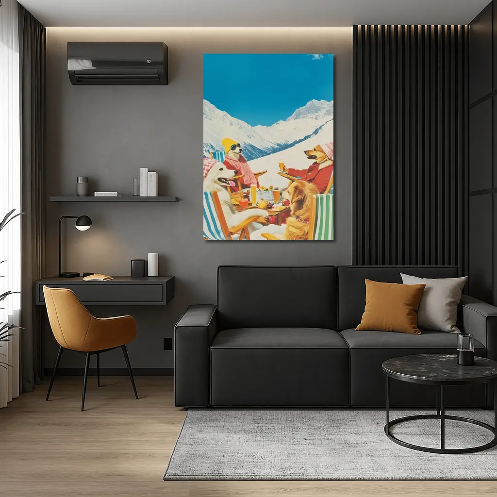Dogs Dining In Snowy Mountain Resort – Wall Art