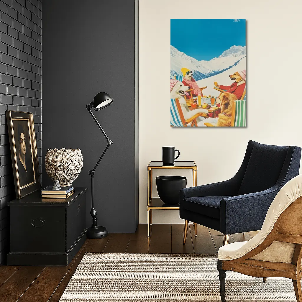 Dogs Dining In Snowy Mountain Resort – Wall Art
