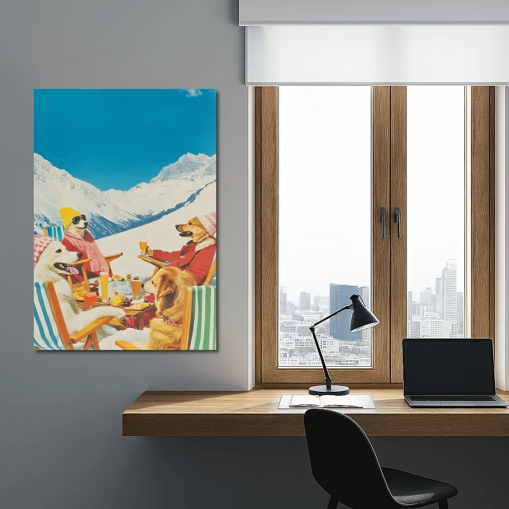 Dogs Dining In Snowy Mountain Resort – Wall Art