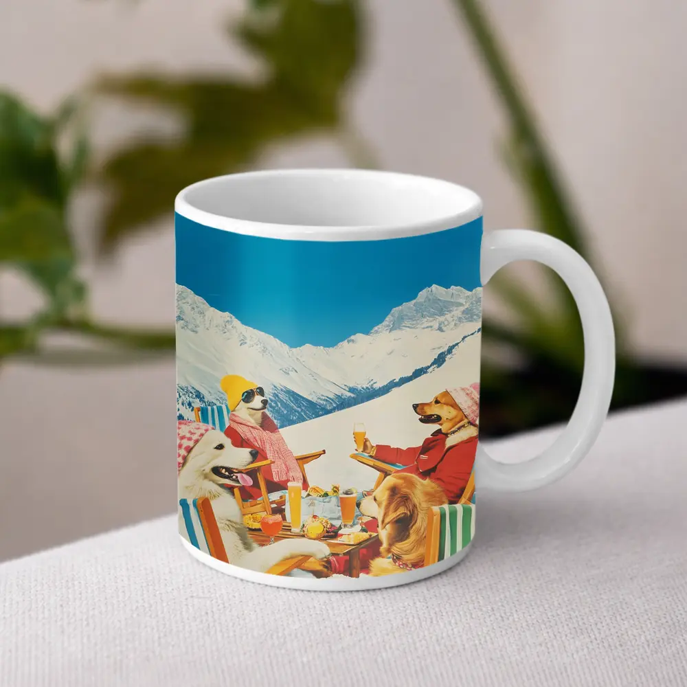 Dogs Dining In Snowy Mountain Resort – Mugs