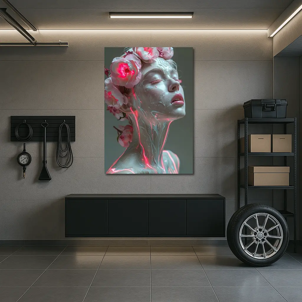 Surreal Woman Sculpture Neon Peonies Floral – Wall Art