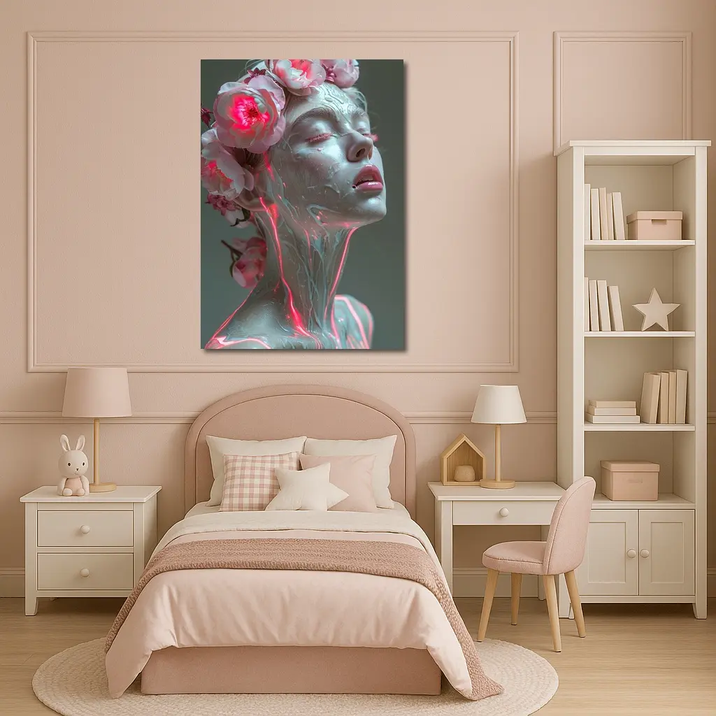 Surreal Woman Sculpture Neon Peonies Floral – Wall Art