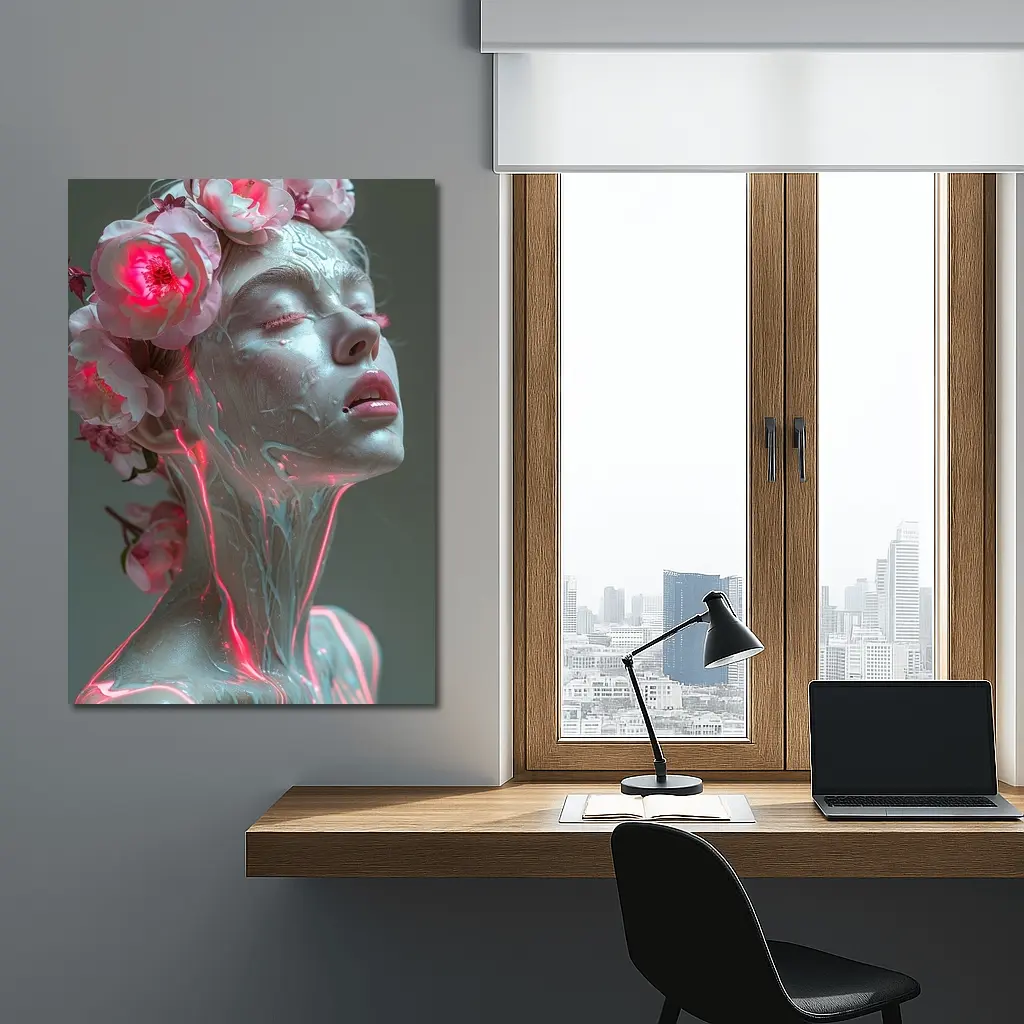 Surreal Woman Sculpture Neon Peonies Floral – Wall Art