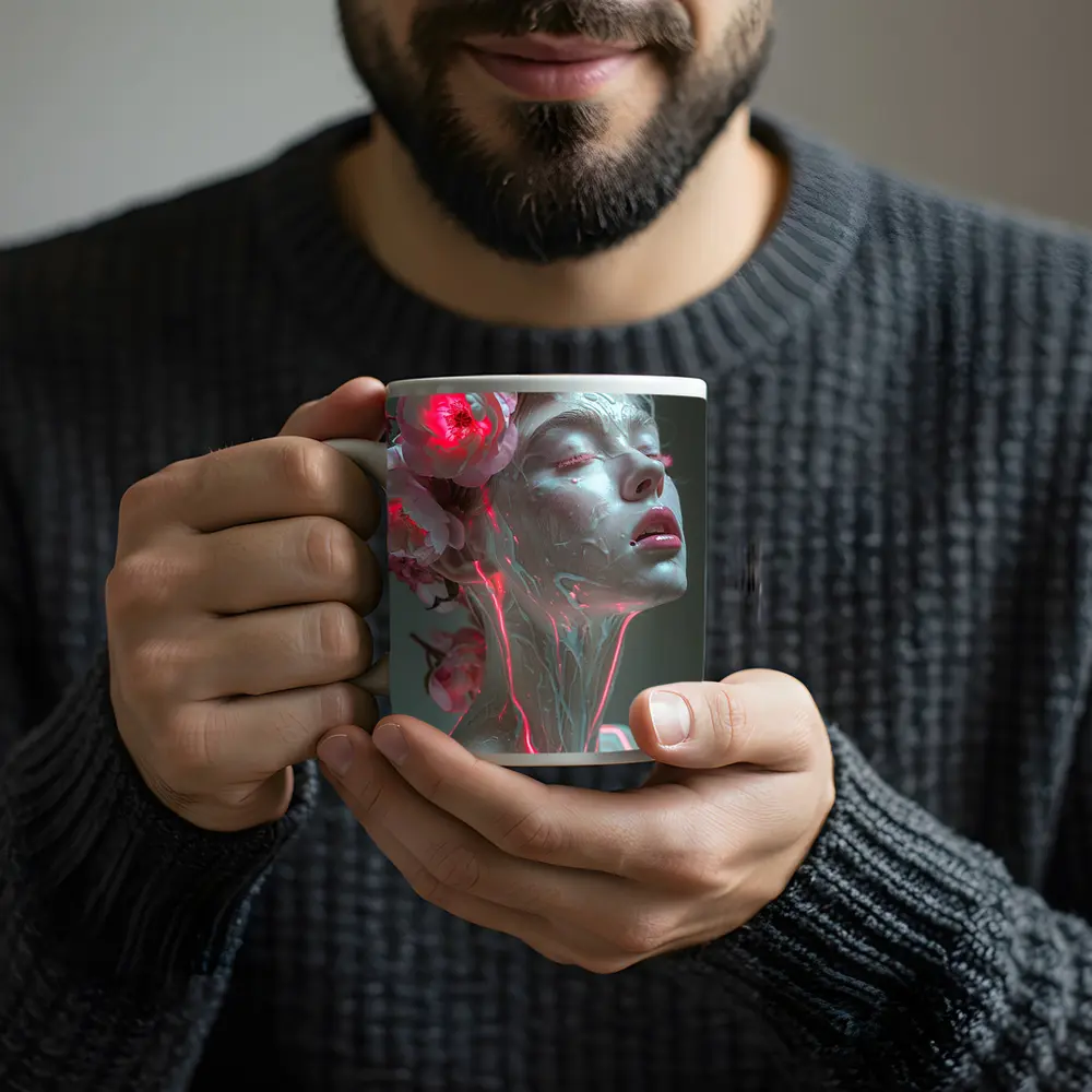 Surreal Woman Sculpture Neon Peonies Floral – Mugs