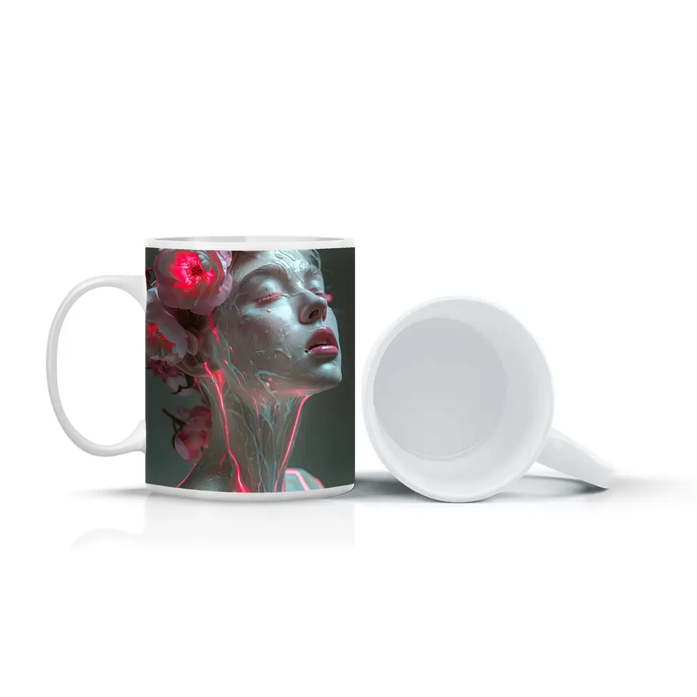 Surreal Woman Sculpture Neon Peonies Floral – Mugs
