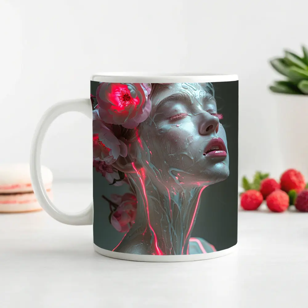 Surreal Woman Sculpture Neon Peonies Floral – Mugs