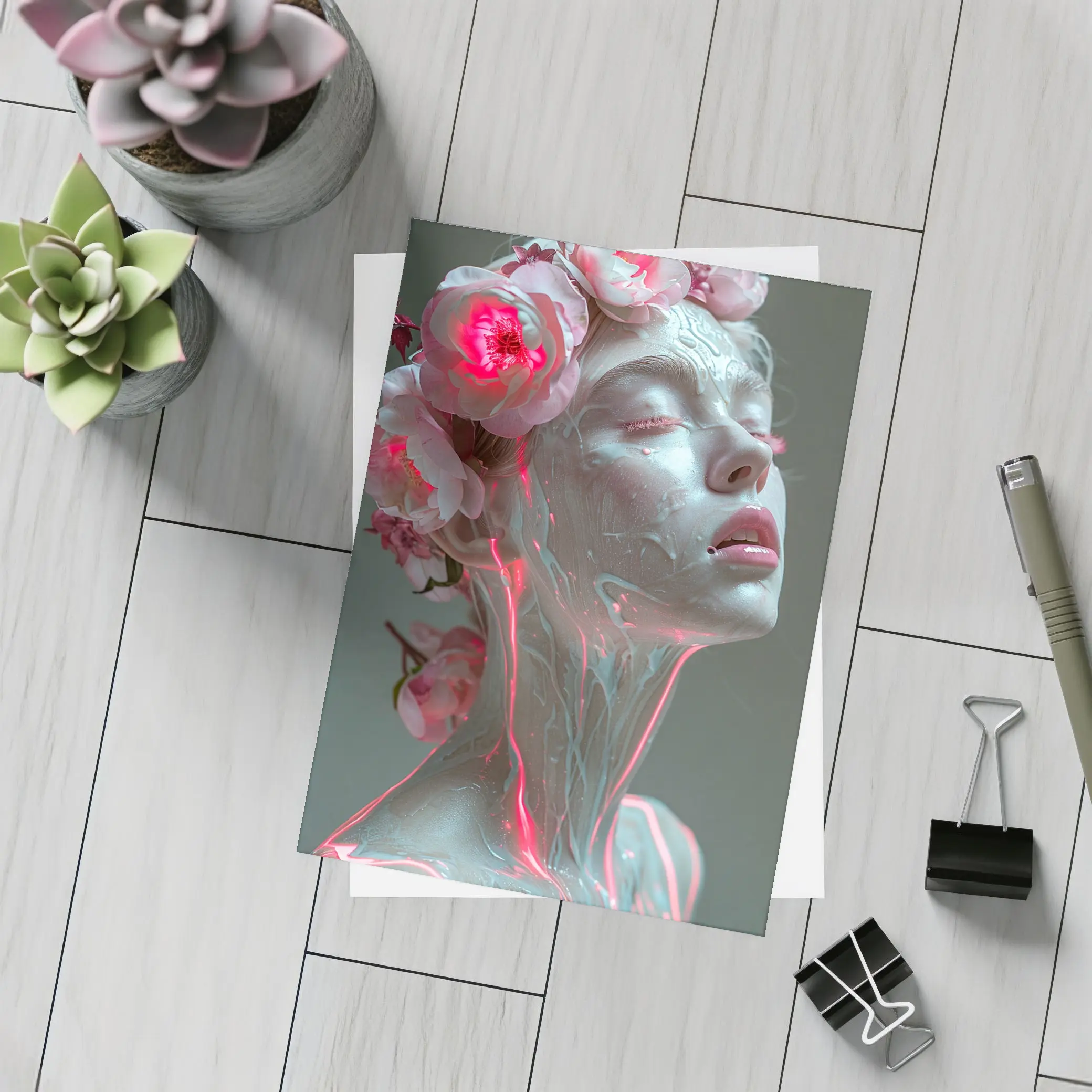 Surreal Woman Sculpture Neon Peonies Floral – Postcards