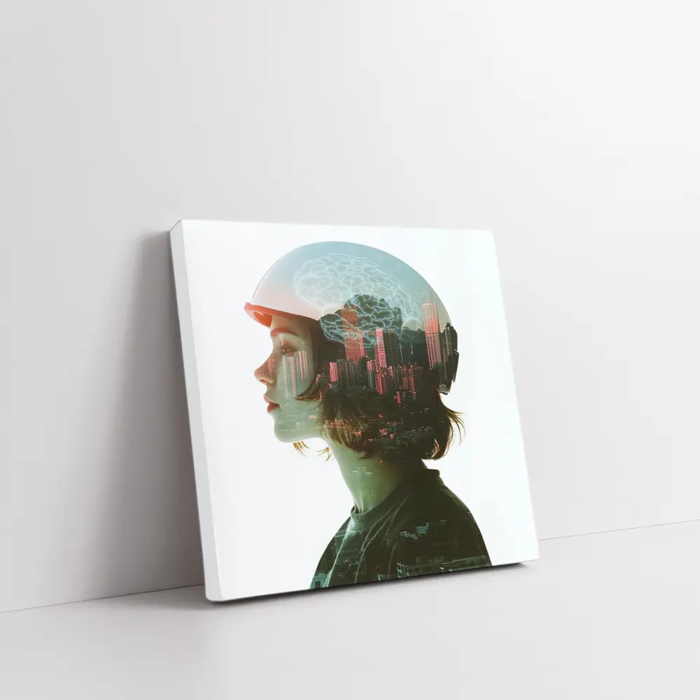 Woman Double Exposure City Brain Skyline – Wall Art