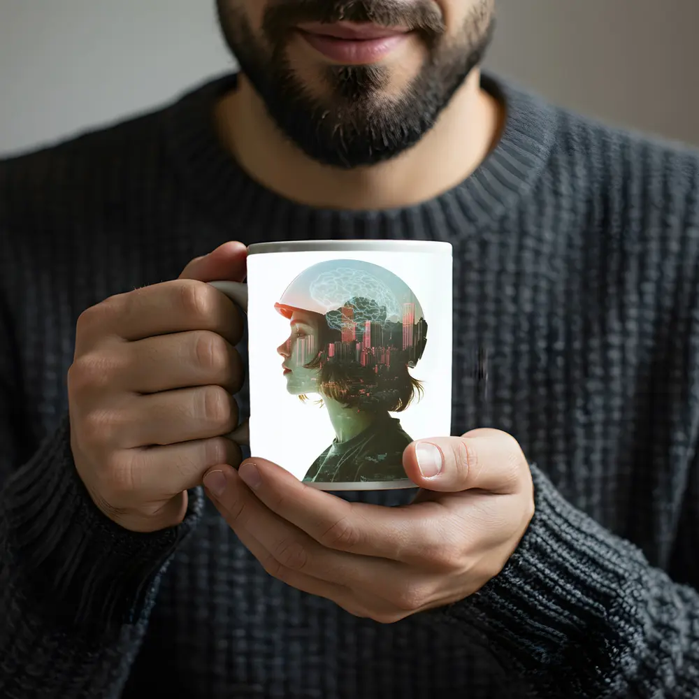 Woman Double Exposure City Brain Skyline – Mugs