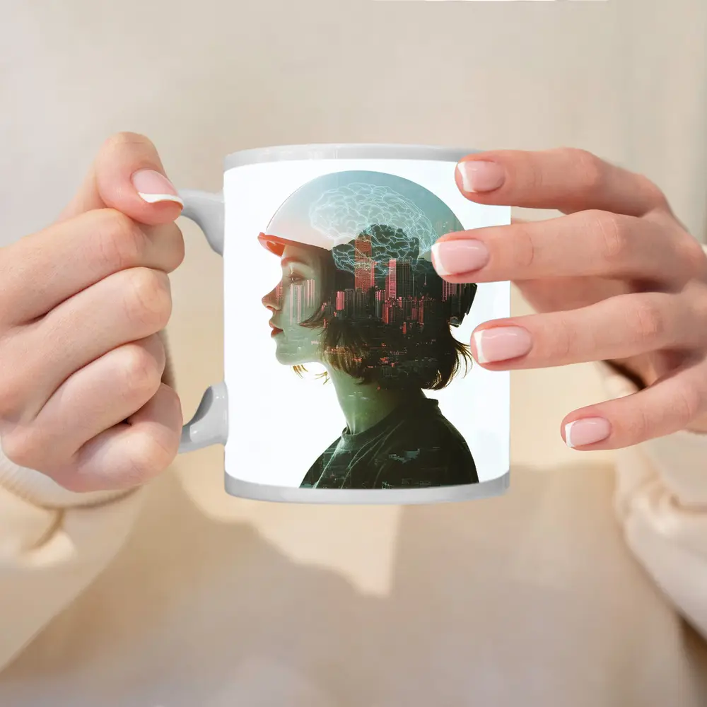 Woman Double Exposure City Brain Skyline – Mugs