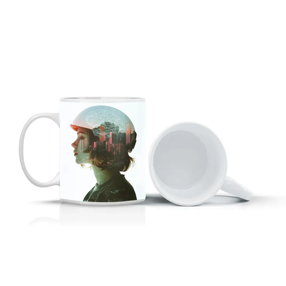Woman Double Exposure City Brain Skyline – Mugs