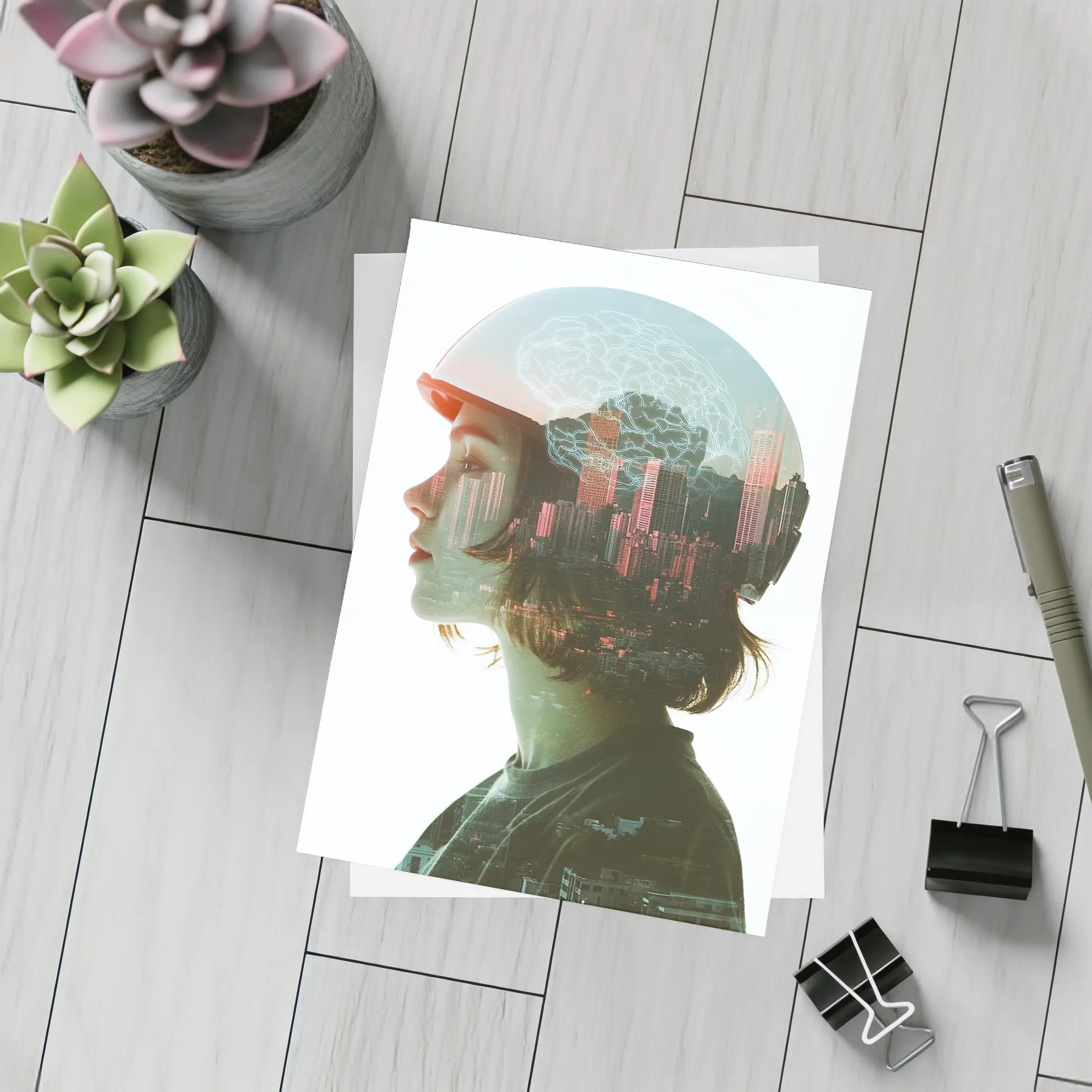 Woman Double Exposure City Brain Skyline – Postcards