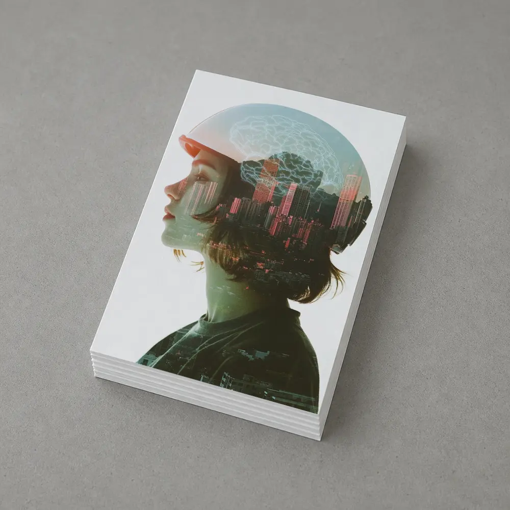 Woman Double Exposure City Brain Skyline – Postcards
